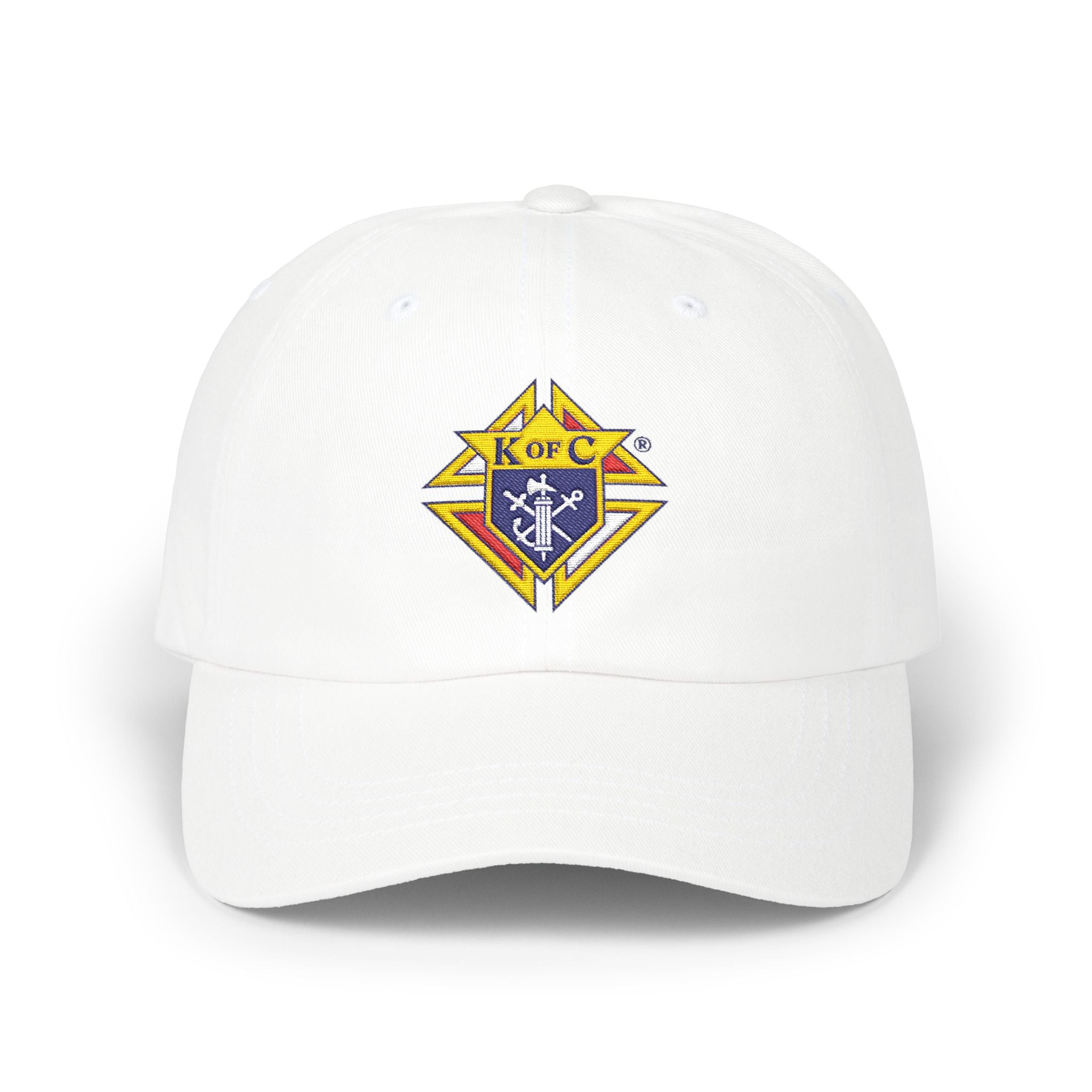 Knight Emblem EMBROIDERED — Classic White Baseball Hat with Gold & Blue Crest