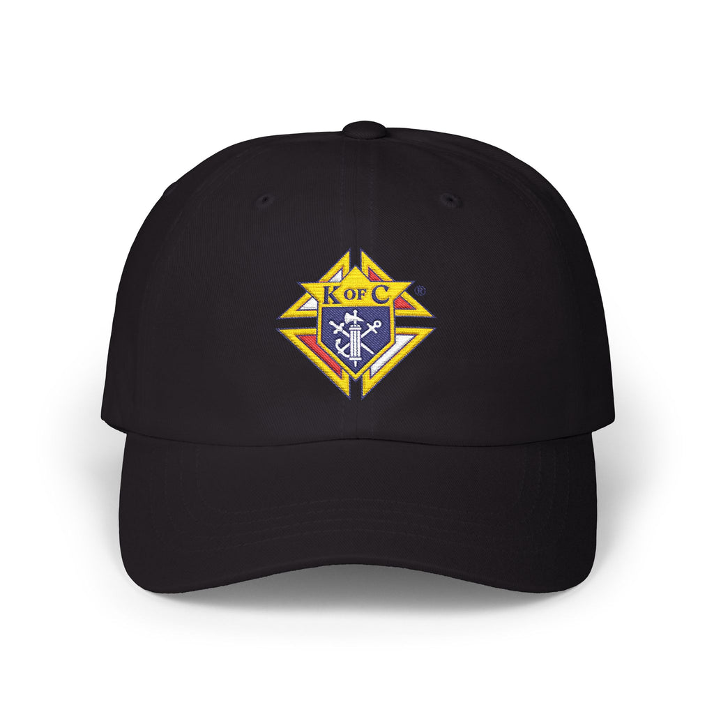 Knight Emblem EMBROIDERED — Classic White Baseball Hat with Gold & Blue Crest
