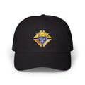 Knight Emblem EMBROIDERED — Classic White Baseball Hat with Gold & Blue Crest
