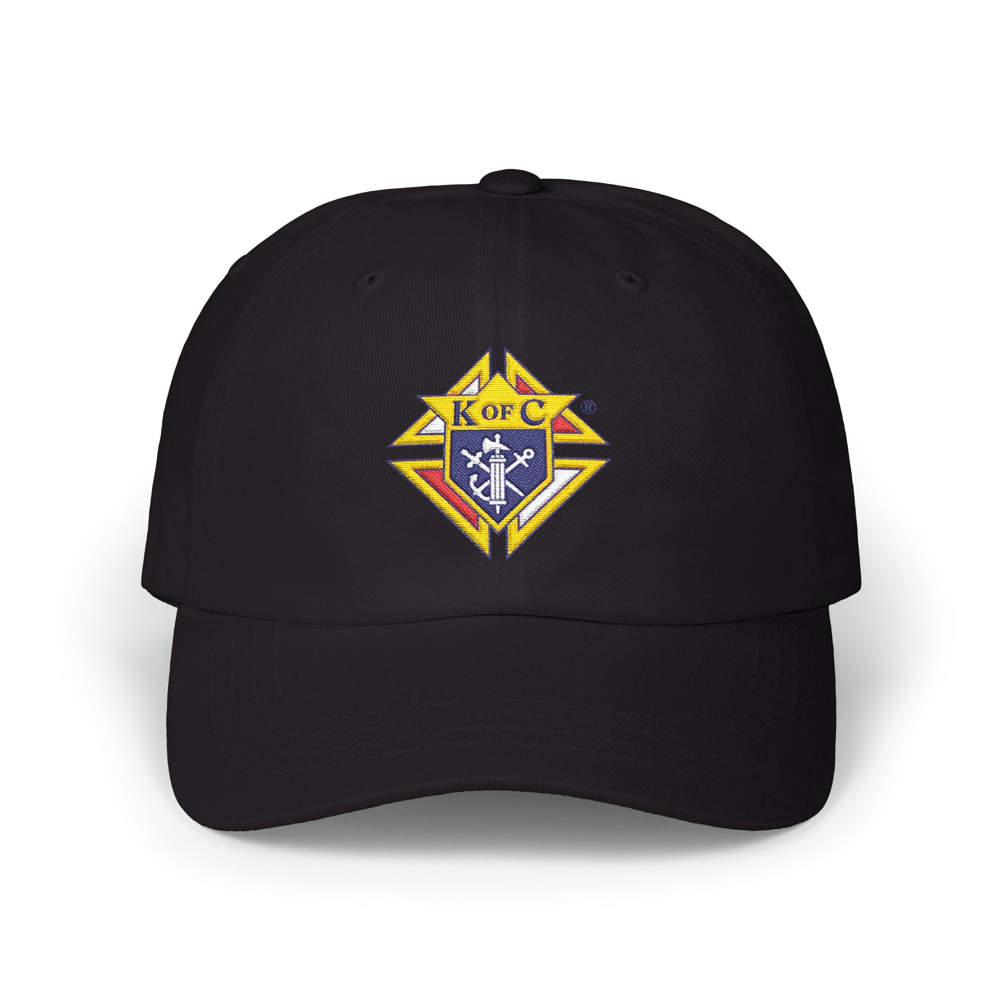 Knight Emblem EMBROIDERED — Classic White Baseball Hat with Gold & Blue Crest