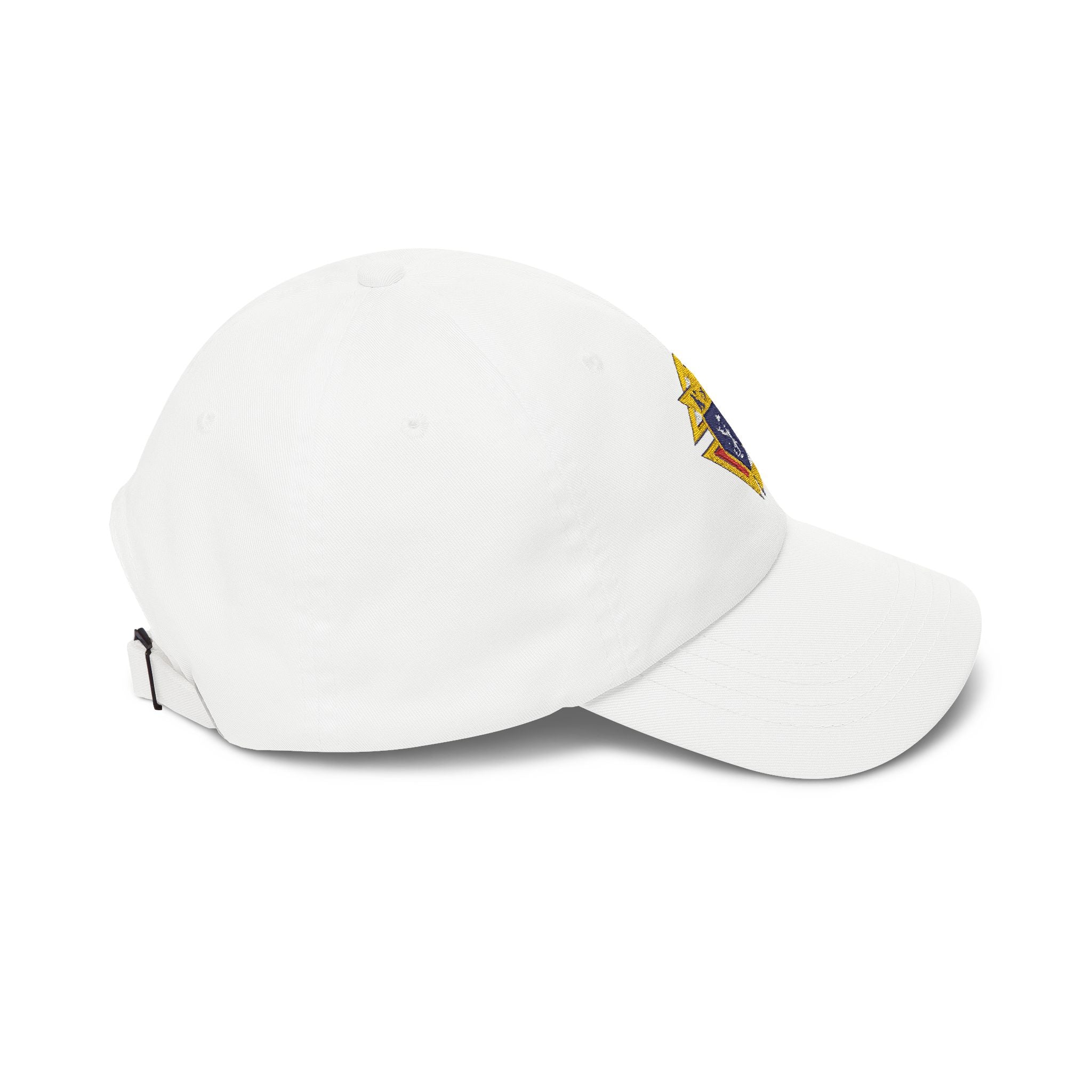 Knight Emblem EMBROIDERED — Classic White Baseball Hat with Gold & Blue Crest
