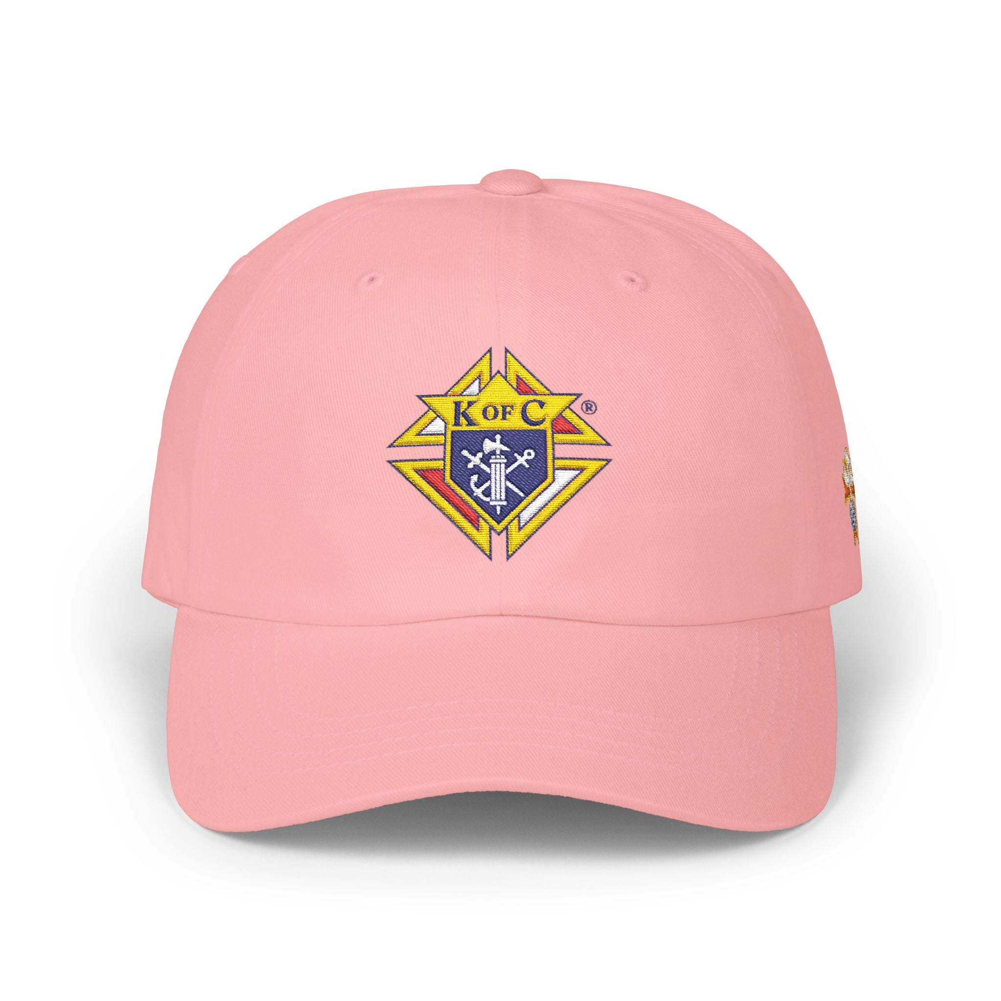 4th Degree Knight Emblem EMBROIDERED — Classic White Baseball Hat with Gold & Blue Crest