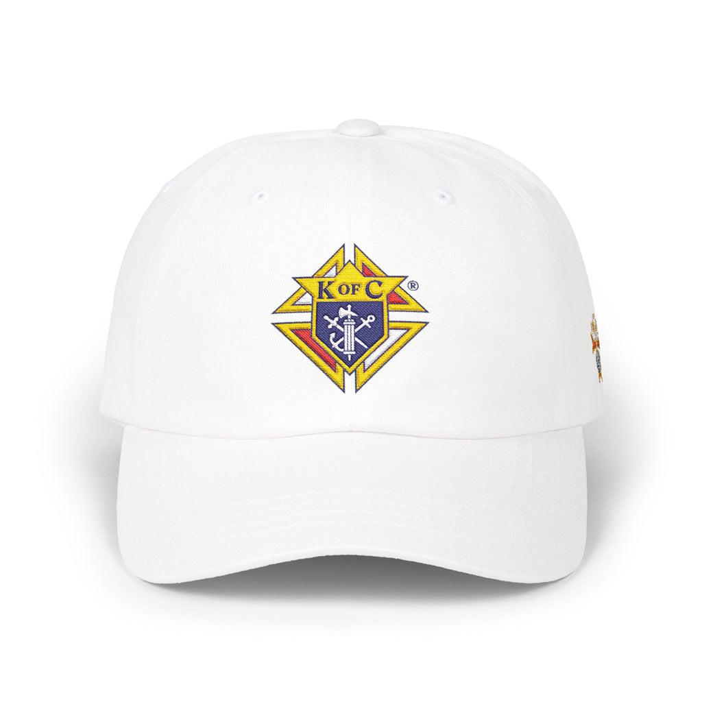 4th Degree Knight Emblem EMBROIDERED — Classic White Baseball Hat with Gold & Blue Crest