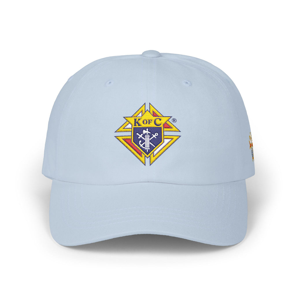 4th Degree Knight Emblem EMBROIDERED — Classic White Baseball Hat with Gold & Blue Crest