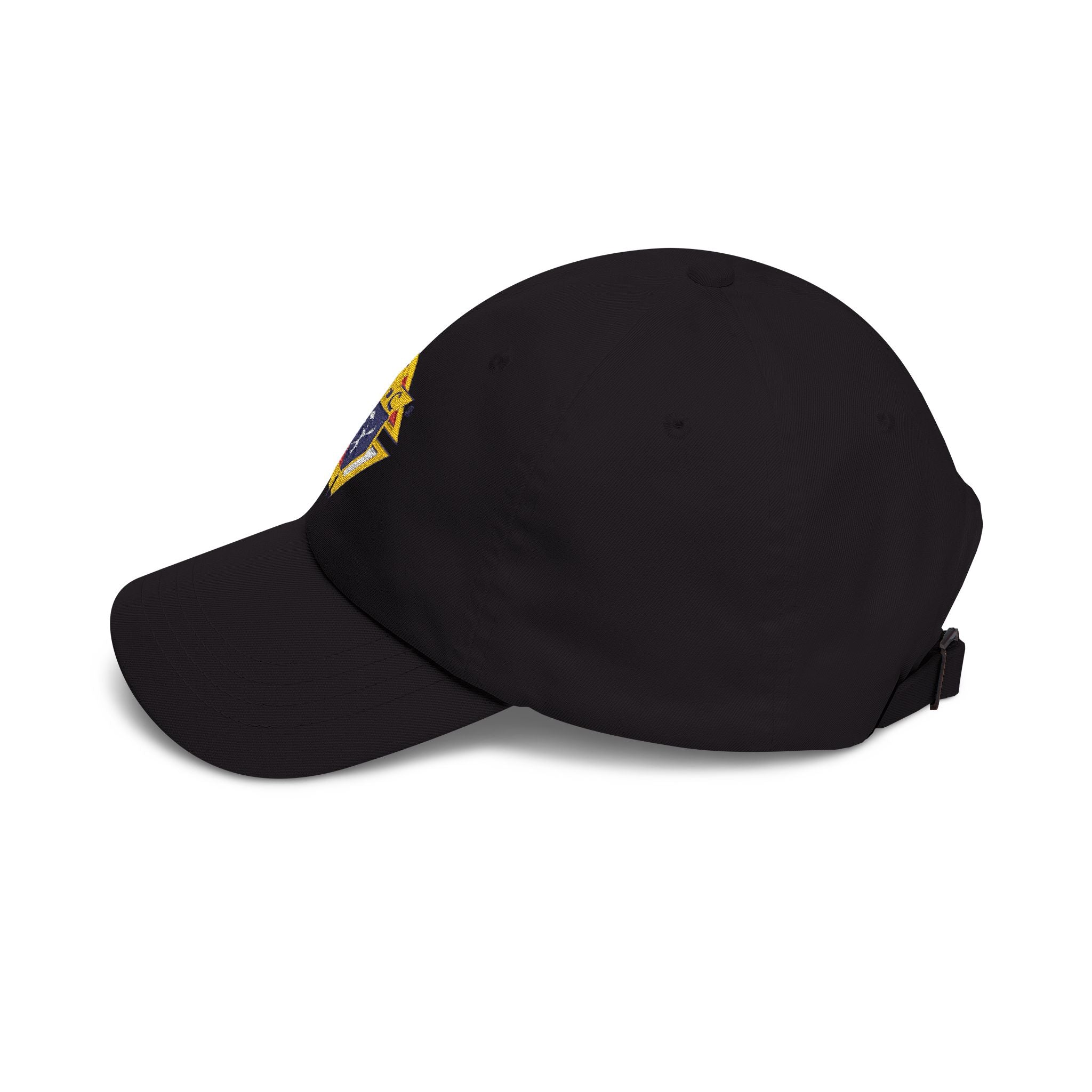Knight Emblem EMBROIDERED — Classic White Baseball Hat with Gold & Blue Crest