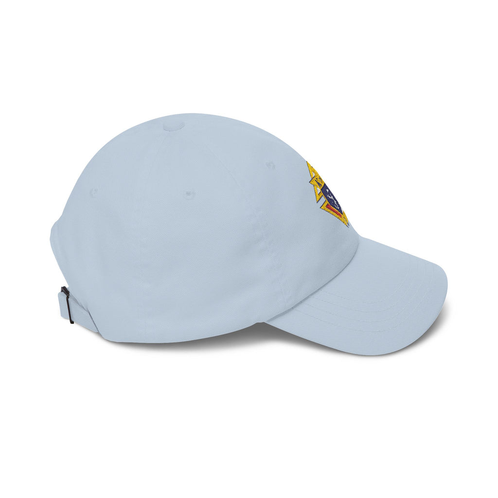 Knight Emblem EMBROIDERED — Classic White Baseball Hat with Gold & Blue Crest