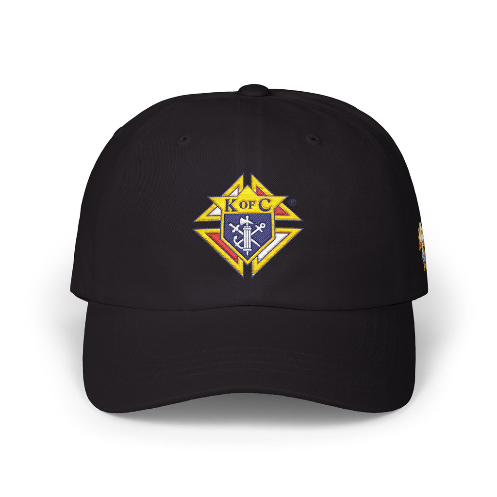 4th Degree Knight Emblem EMBROIDERED — Classic White Baseball Hat with Gold & Blue Crest