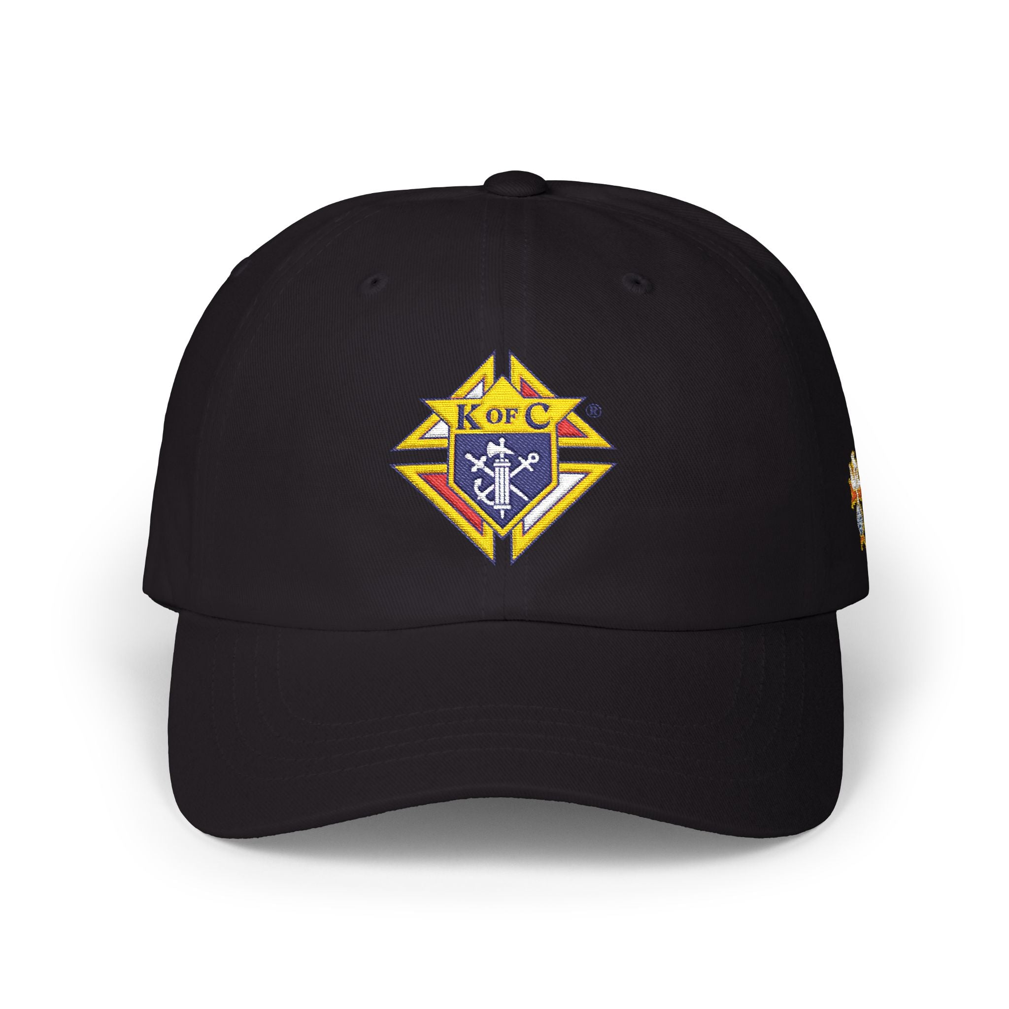 4th Degree Knight Emblem EMBROIDERED — Classic White Baseball Hat with Gold & Blue Crest