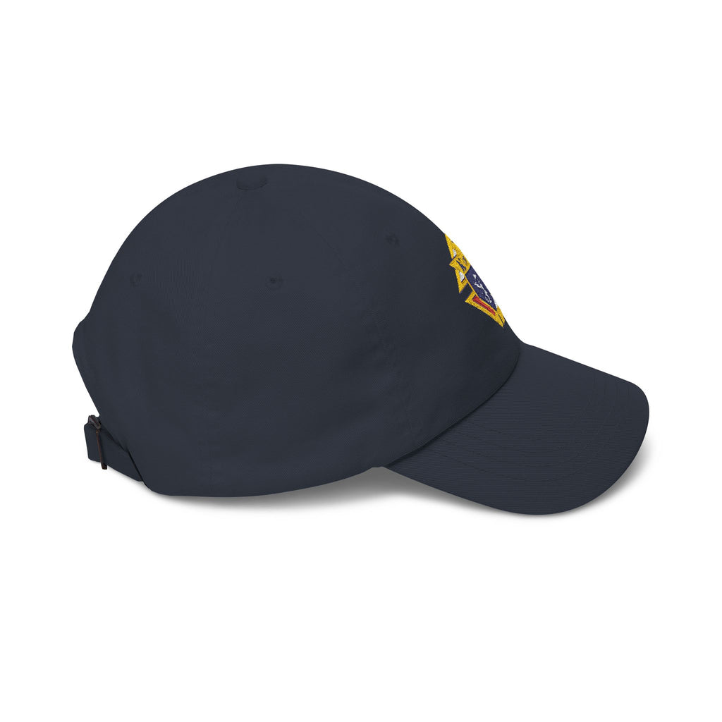 Knight Emblem EMBROIDERED — Classic White Baseball Hat with Gold & Blue Crest
