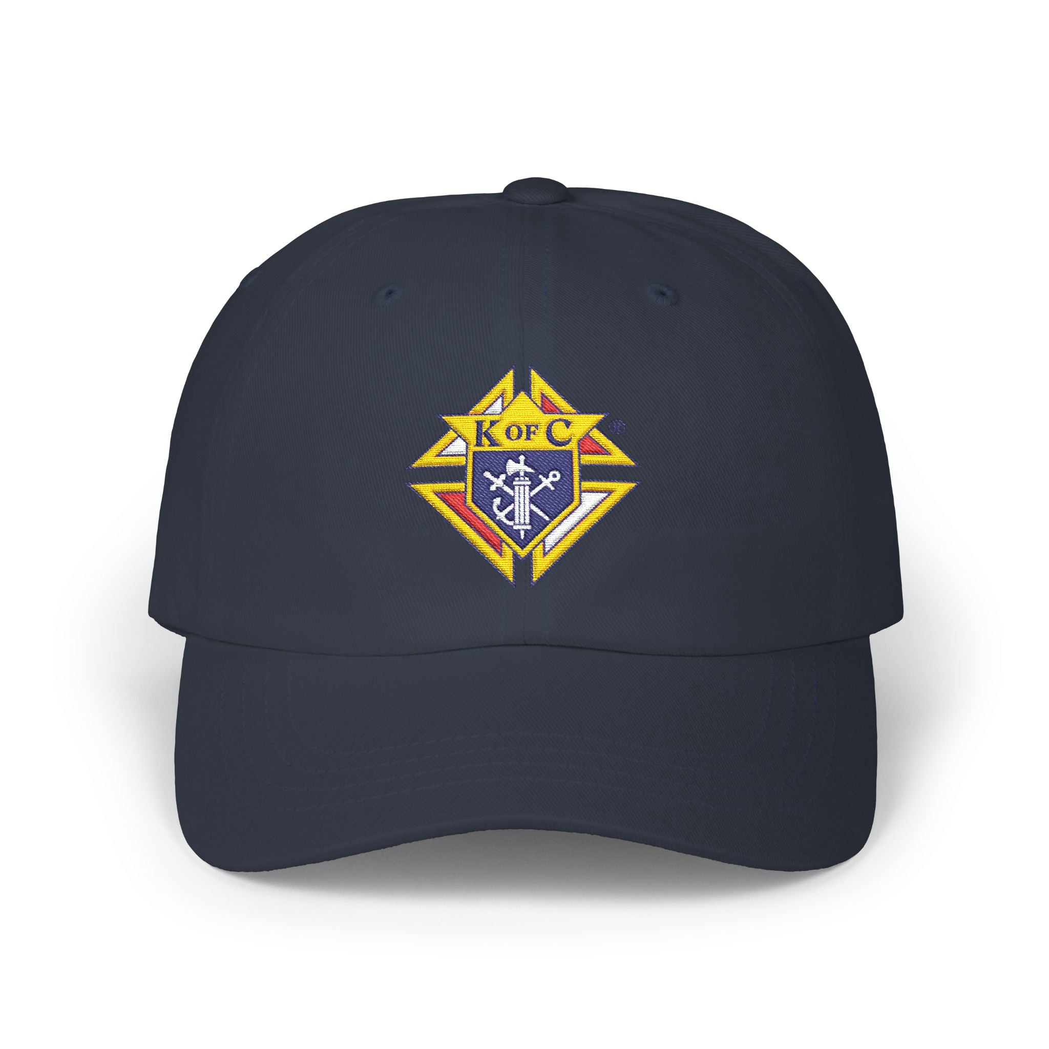 Knight Emblem EMBROIDERED — Classic White Baseball Hat with Gold & Blue Crest