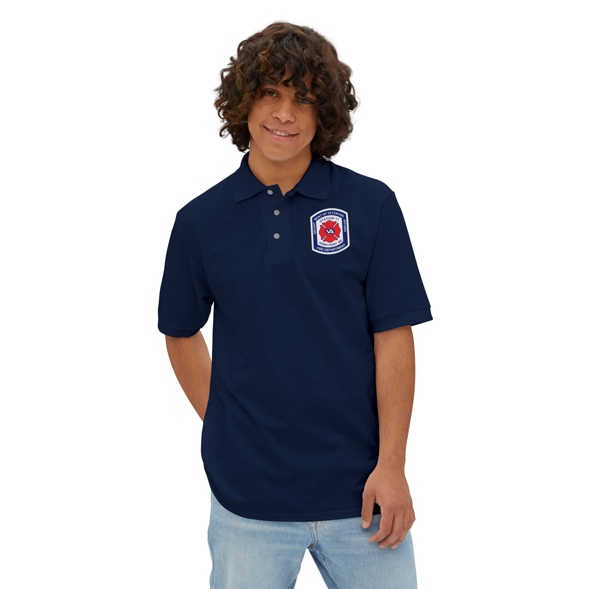 Jerzees Men's Polo Shirt with Fire Department Patch Chest Logo Only