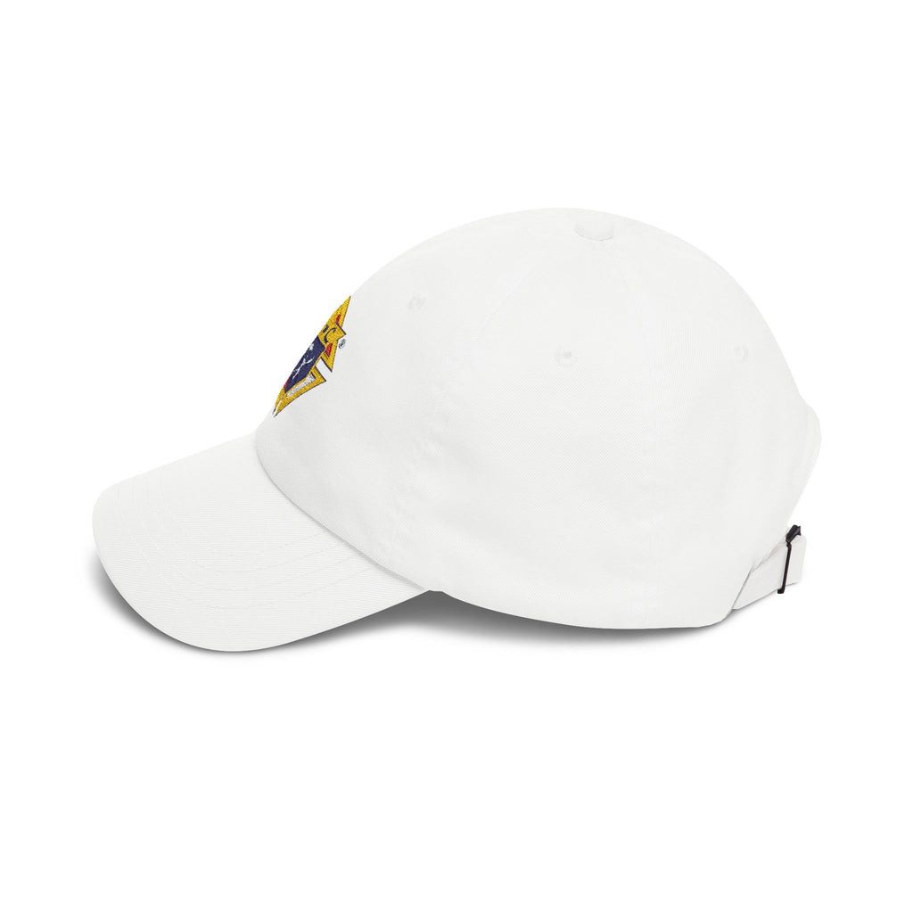 Knight Emblem EMBROIDERED — Classic White Baseball Hat with Gold & Blue Crest