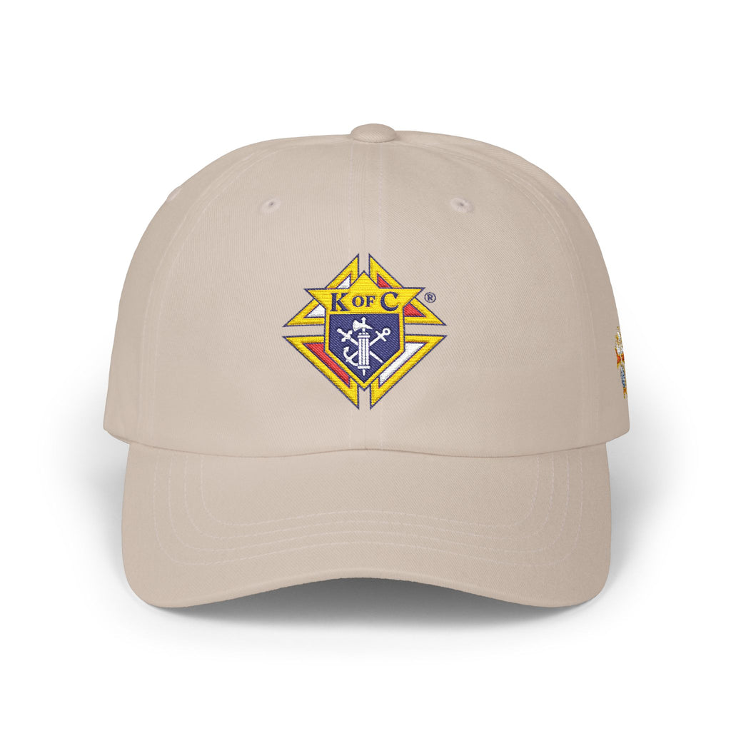 4th Degree Knight Emblem EMBROIDERED — Classic White Baseball Hat with Gold & Blue Crest