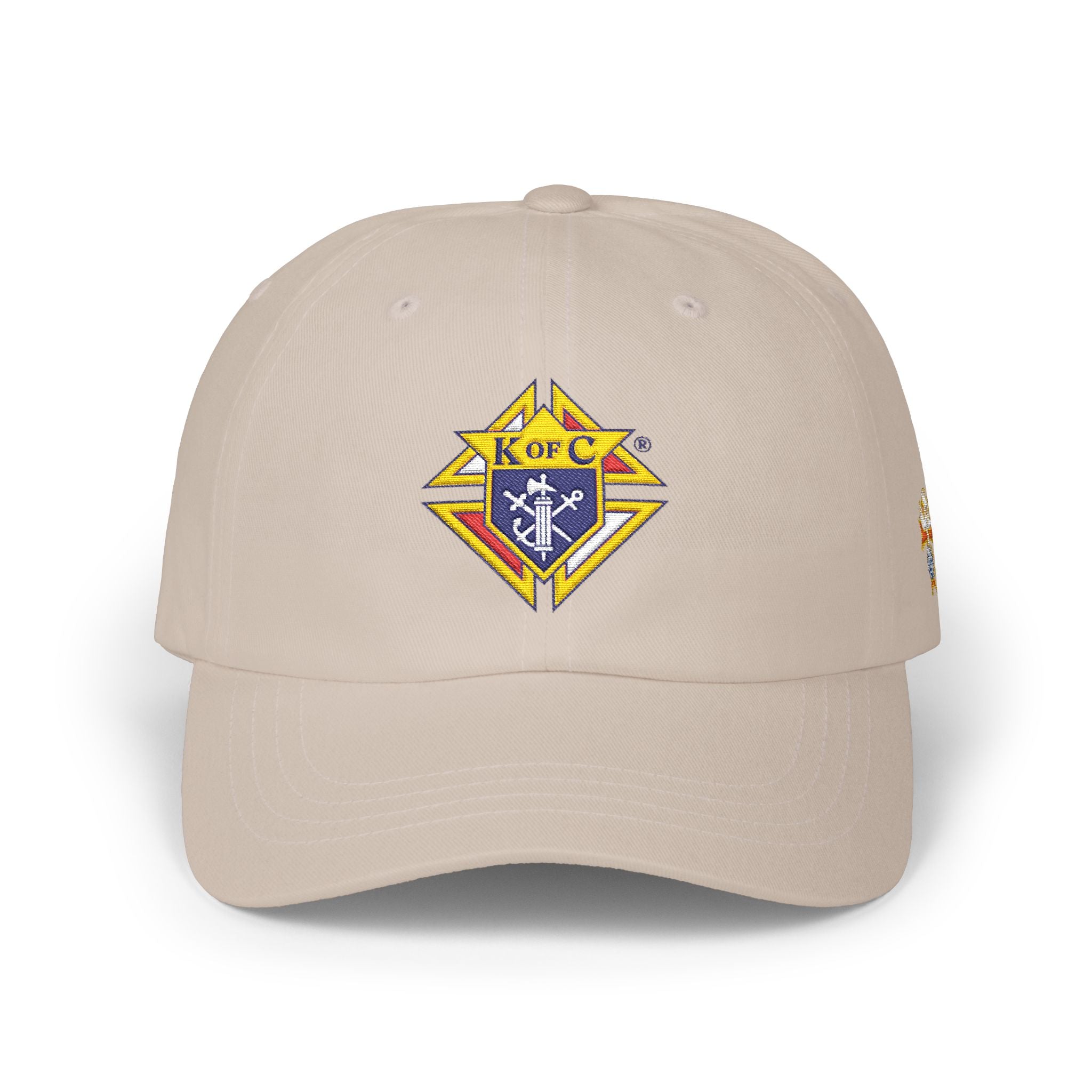 4th Degree Knight Emblem EMBROIDERED — Classic White Baseball Hat with Gold & Blue Crest
