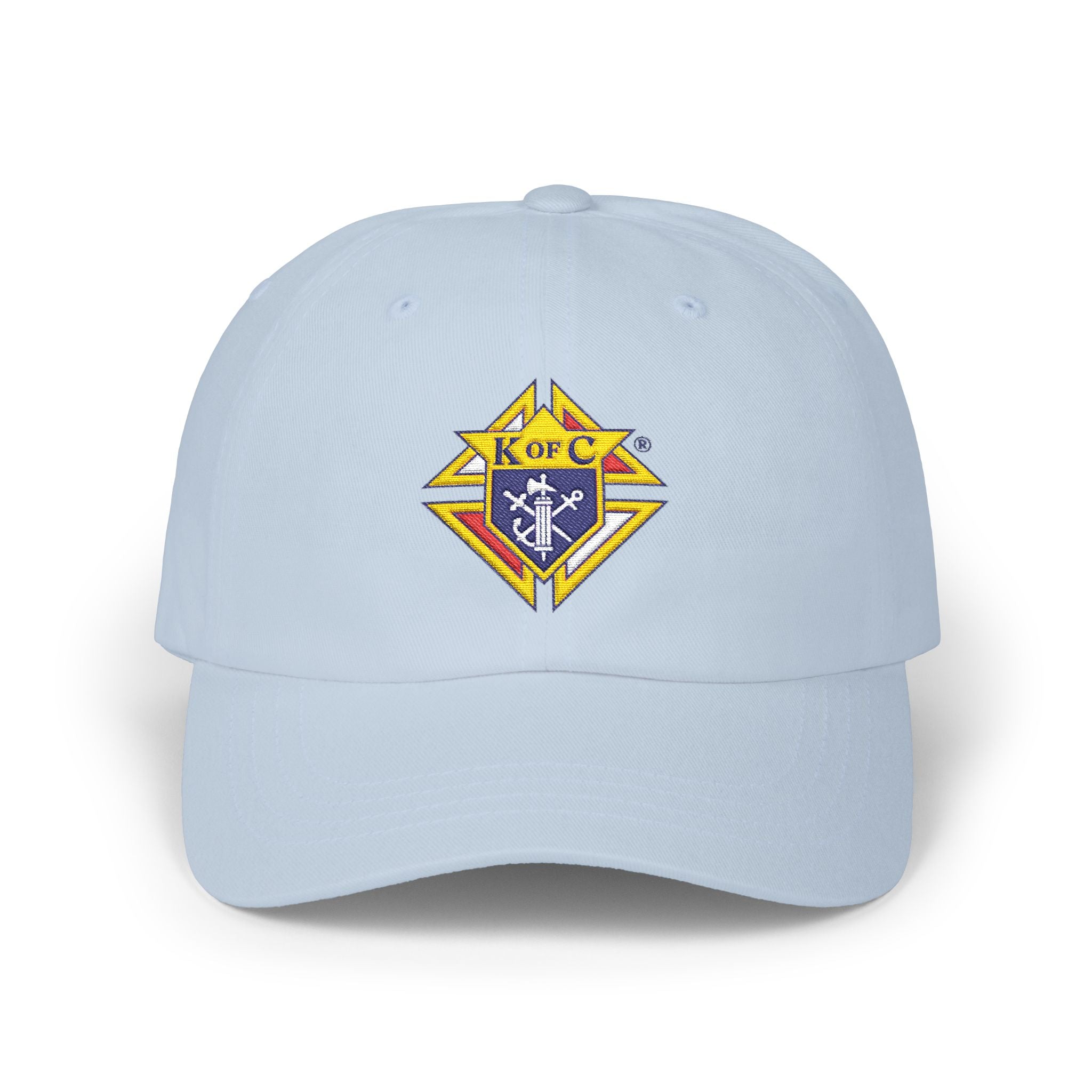 Knight Emblem EMBROIDERED — Classic White Baseball Hat with Gold & Blue Crest