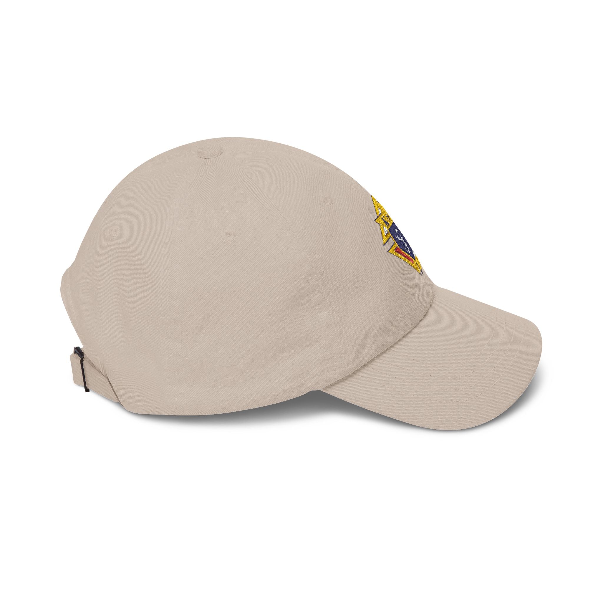 Knight Emblem EMBROIDERED — Classic White Baseball Hat with Gold & Blue Crest