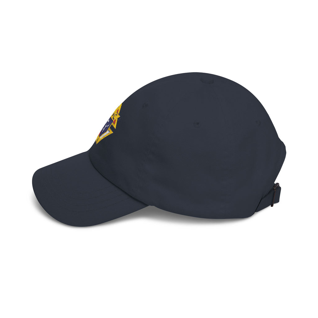 Knight Emblem EMBROIDERED — Classic White Baseball Hat with Gold & Blue Crest