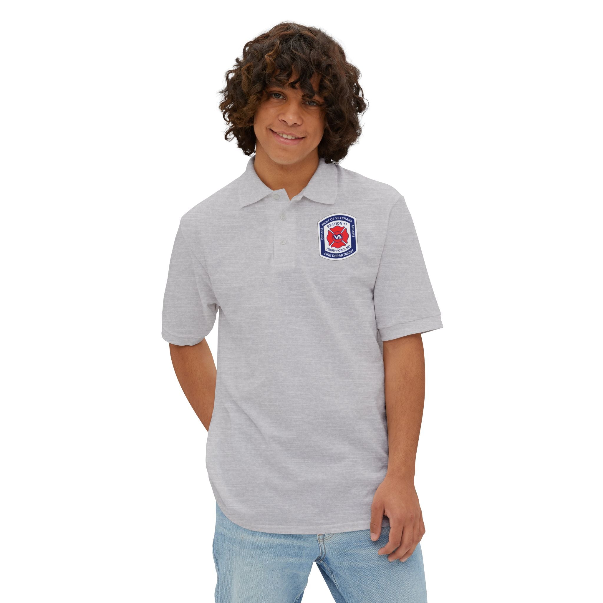 Jerzees Men's Polo Shirt with Fire Department Patch Chest Logo Only