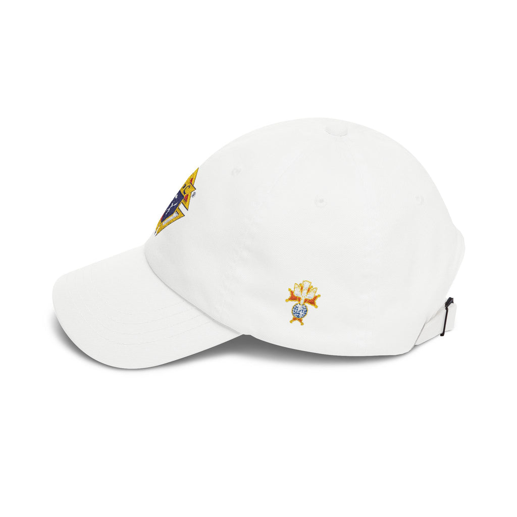4th Degree Knight Emblem EMBROIDERED — Classic White Baseball Hat with Gold & Blue Crest