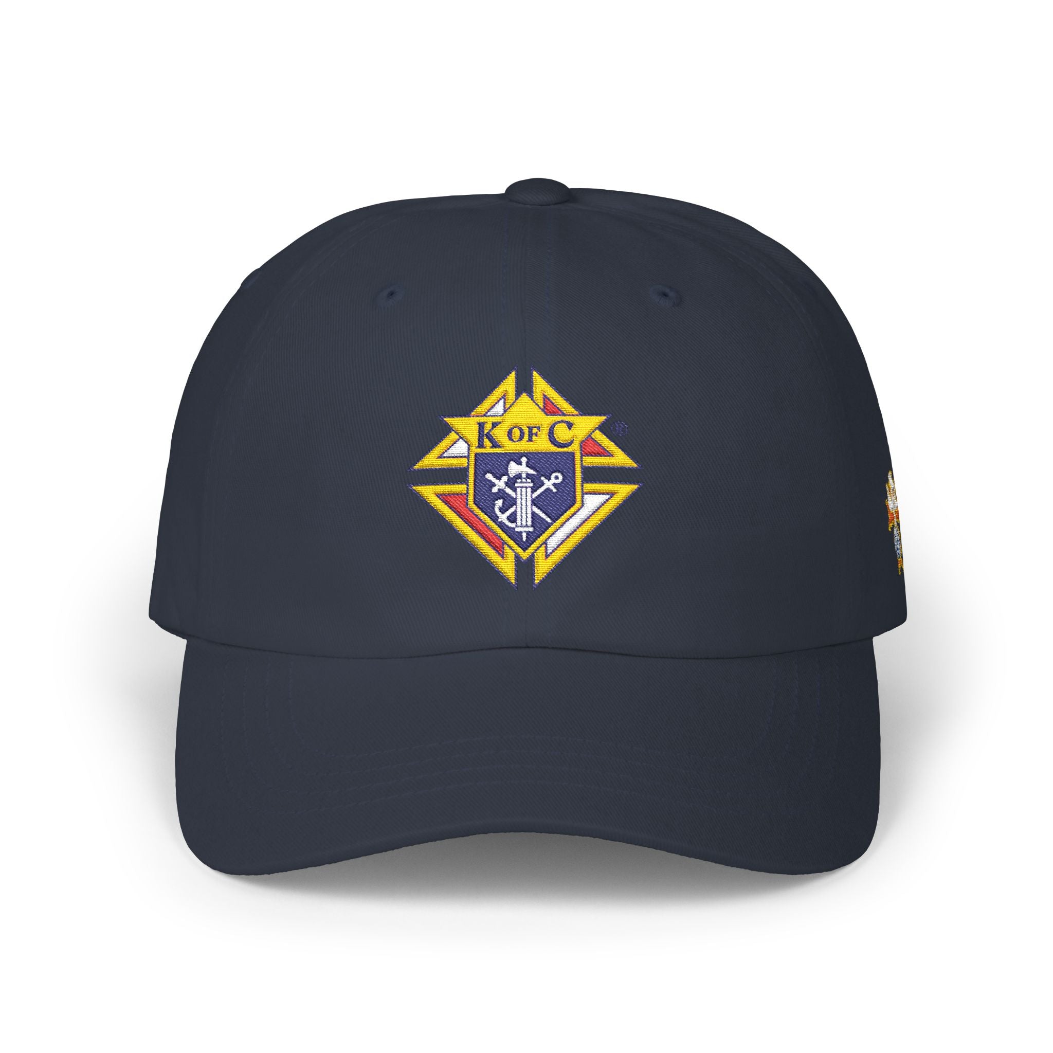 4th Degree Knight Emblem EMBROIDERED — Classic White Baseball Hat with Gold & Blue Crest
