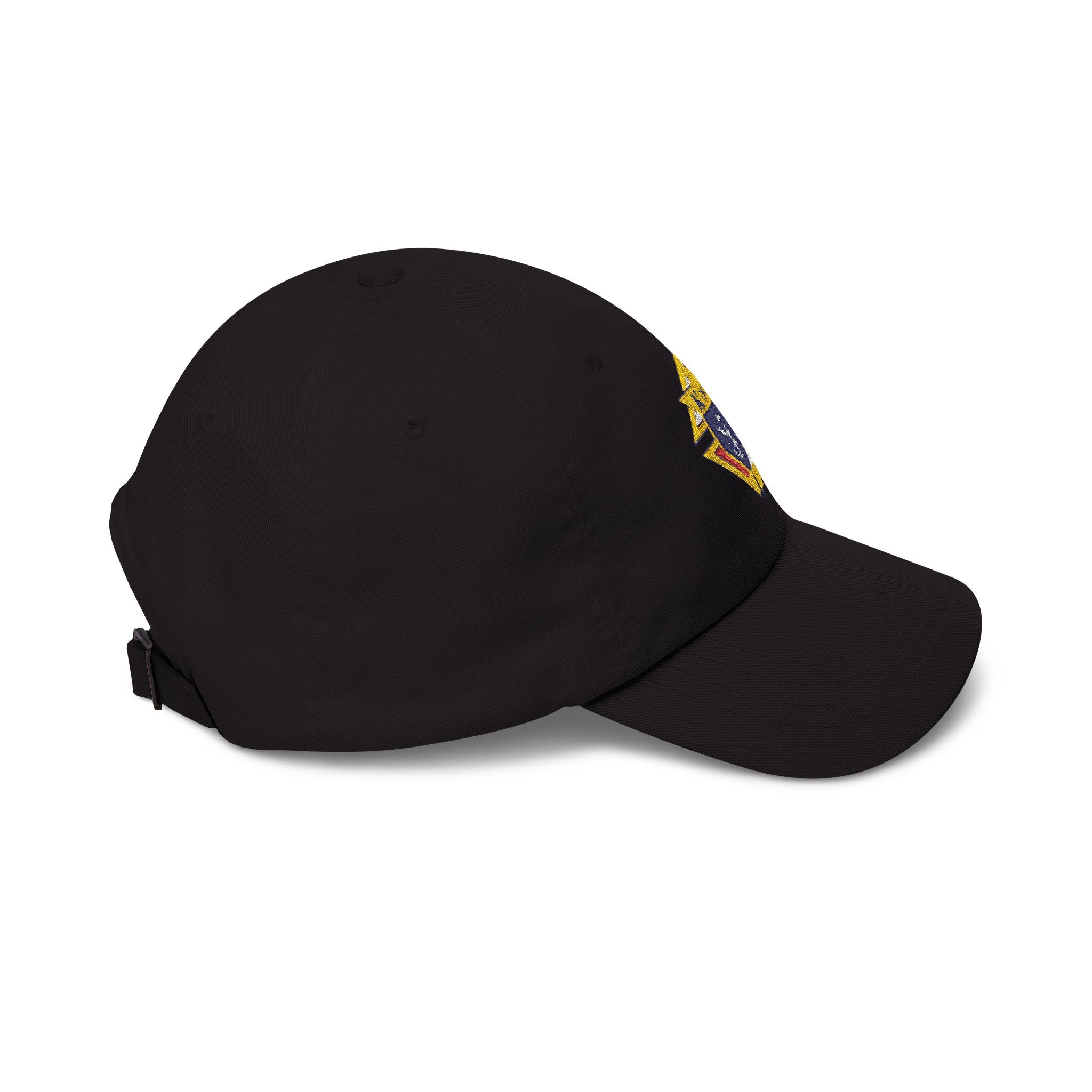Knight Emblem EMBROIDERED — Classic White Baseball Hat with Gold & Blue Crest